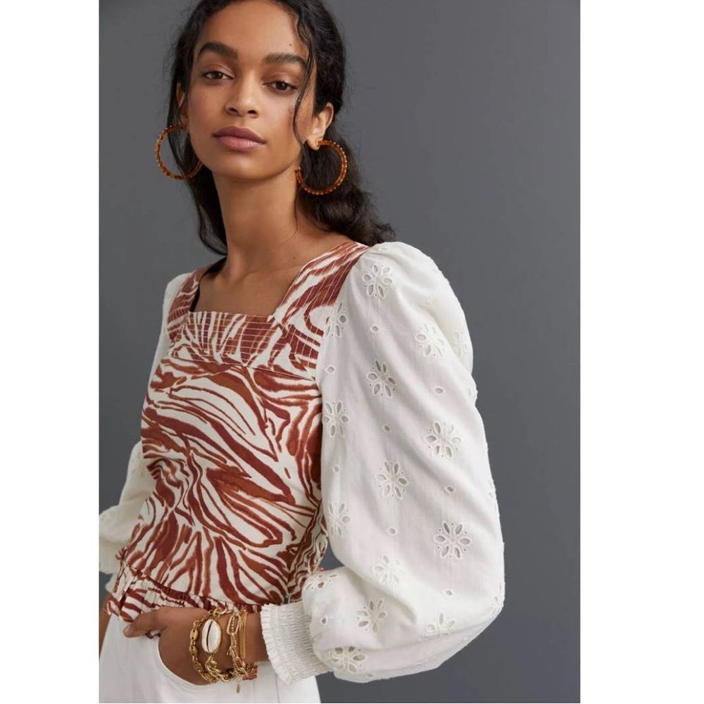 Anthropologie love the‎ label zebra laser cut puff sleeve smocked blouse